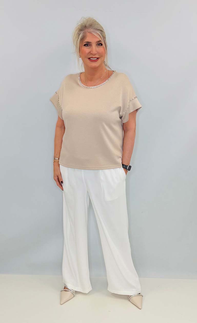 Malissa J Crystal Studded Luxe Tee - Stone