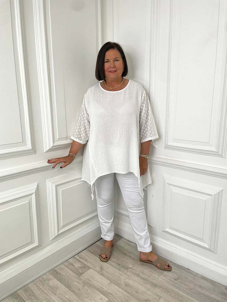 Ditsy Floral Sleeve Seersucker Top - White