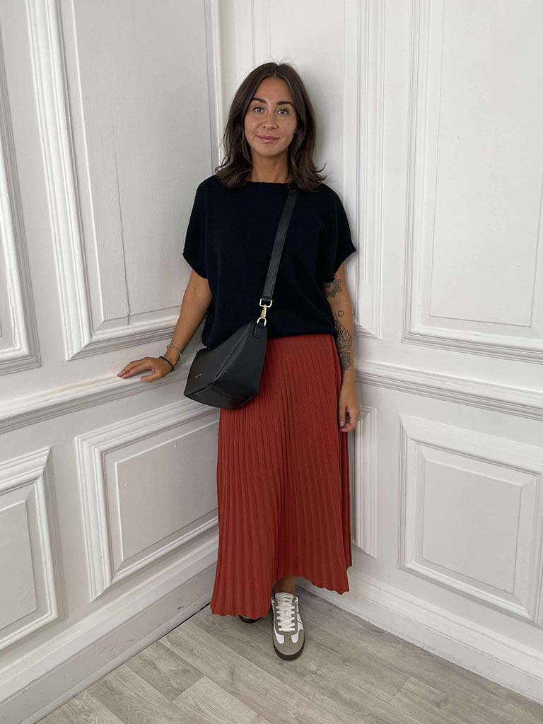 Ribbed Knit A-Line Skirt - Rust