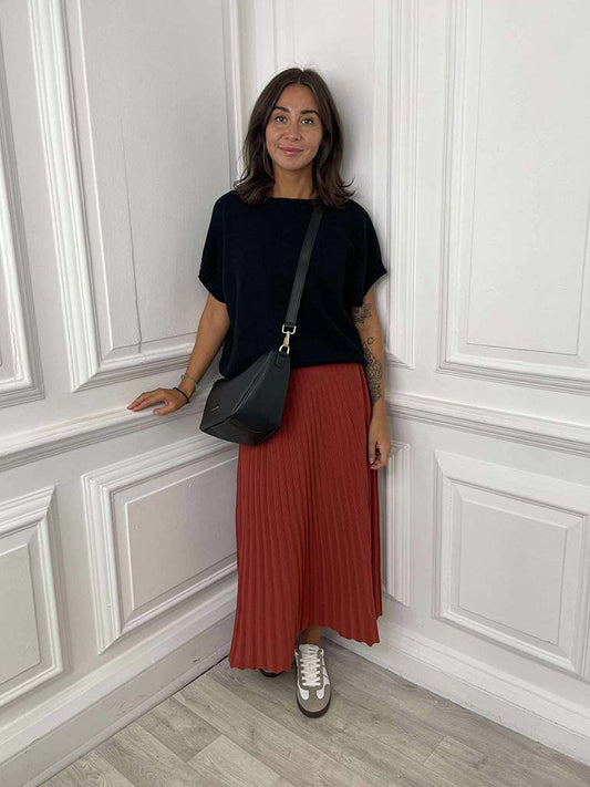 Ribbed Knit A-Line Skirt - Rust