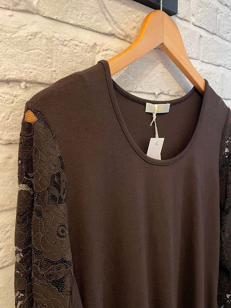 Malissa J Lace Sequin Sleeve Top - Chocolate