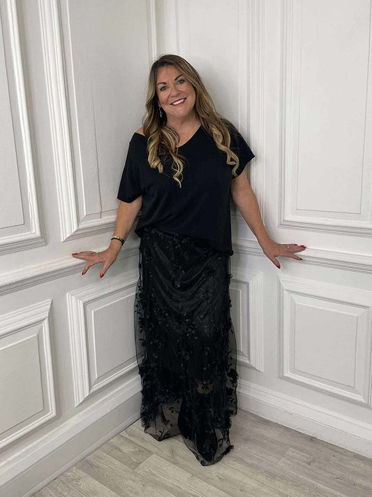 Floral Tulle Skirt - Black