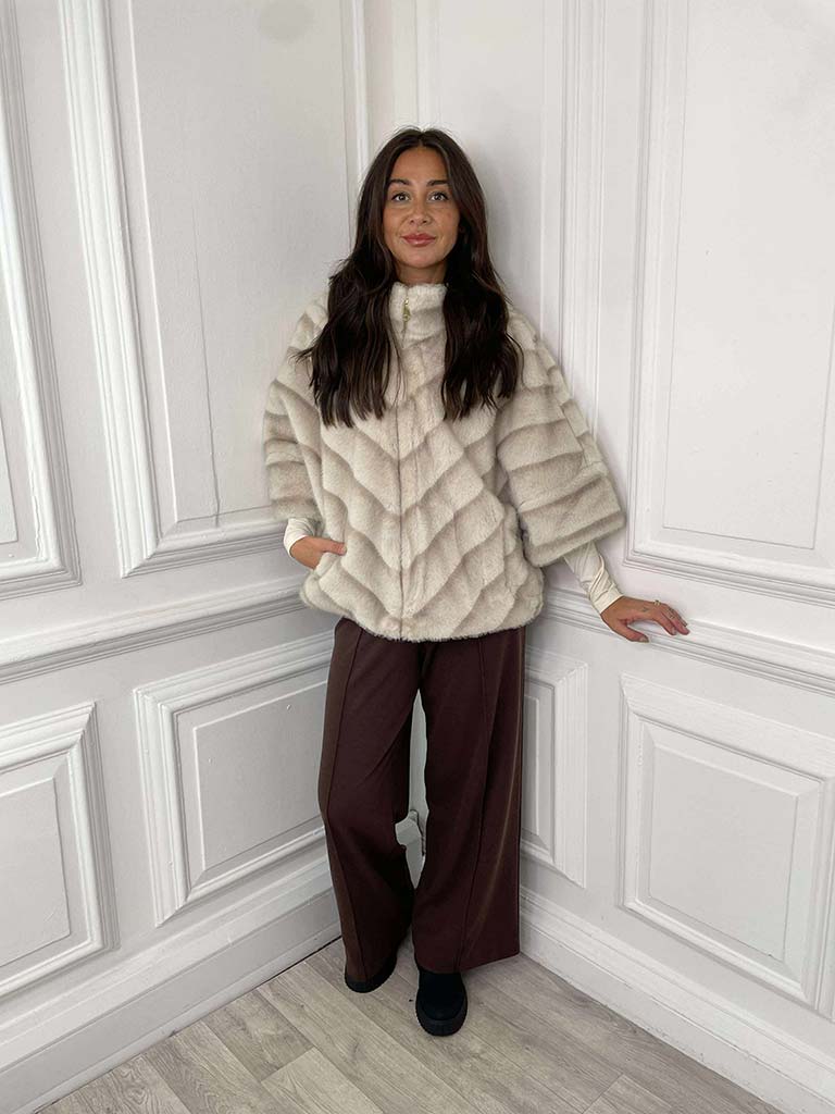 Malissa J Faux Fur 3/4 Sleeve Jacket - Stone