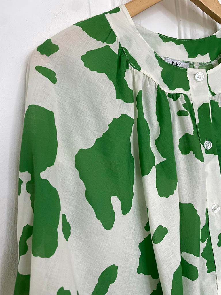 Balloon Sleeve Cow Print Blouse - Green