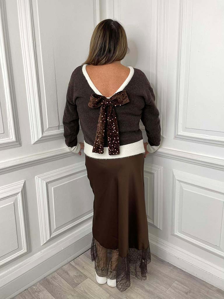 V-Neck Sequin Bow Knit - Chocolate