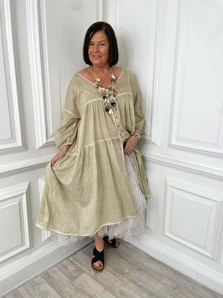 Two Piece Cotton Dress & Long Jacket - Vintage Sand