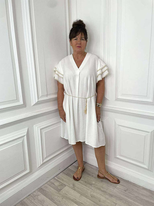 Crochet Frill Sleeve Dress - Ivory
