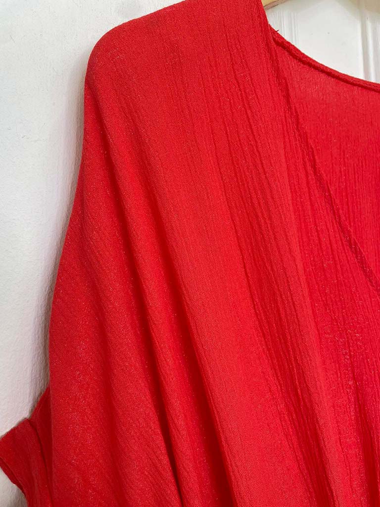 V-Neck Stone Drawstring Top - Blood Orange