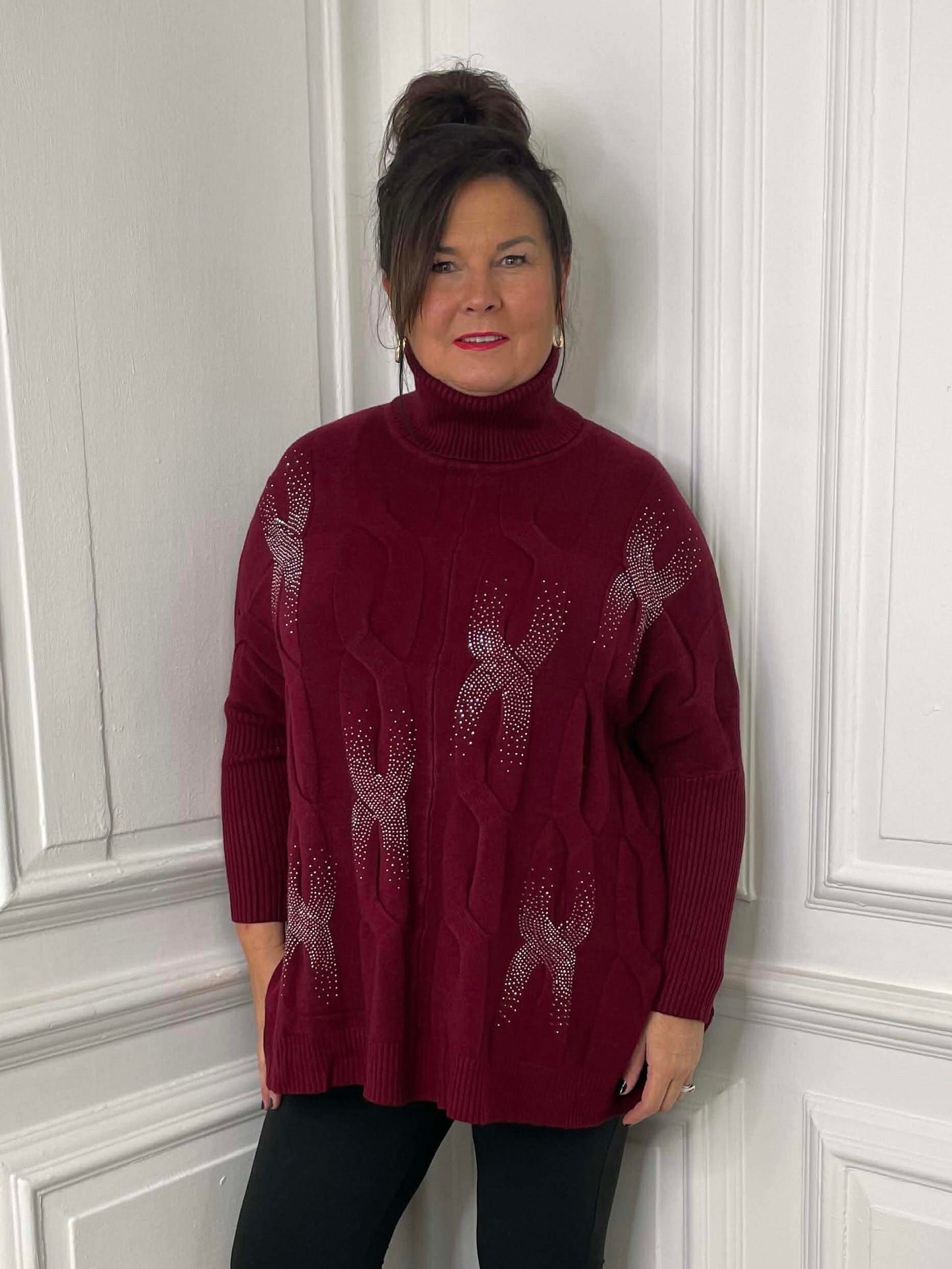 Cable Shimmer Polo Knit - Merlot