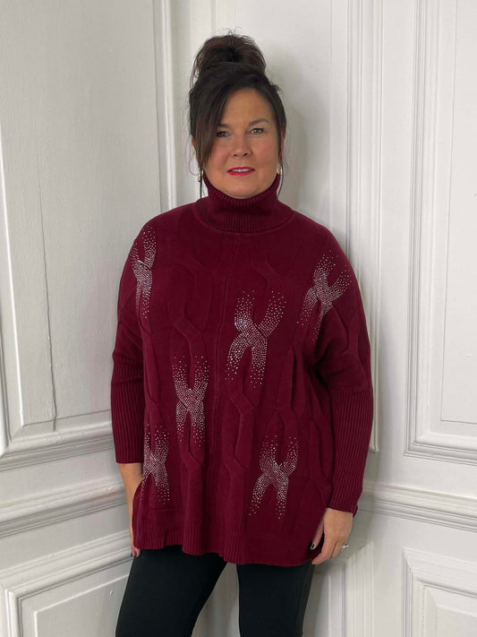 Cable Shimmer Polo Knit - Merlot