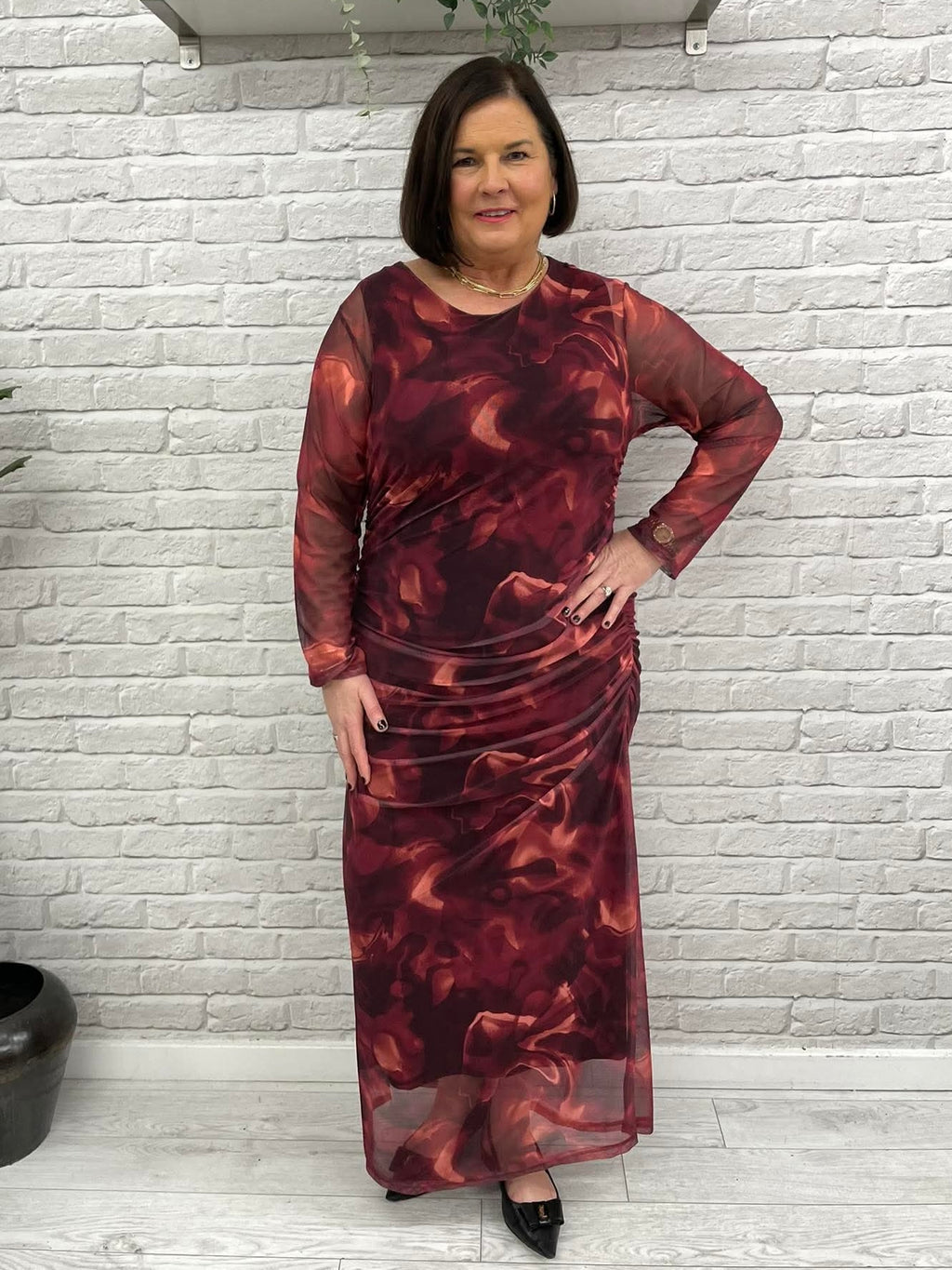 Marbled Ruched Dress - Merlot