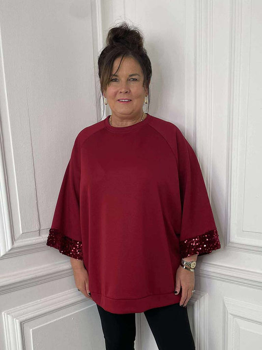 Sequin Cuff Sweatshirt - Merlot