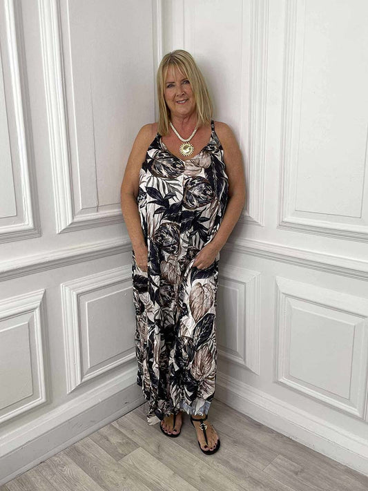 Silk Feel Leaf Print Maxi Dress