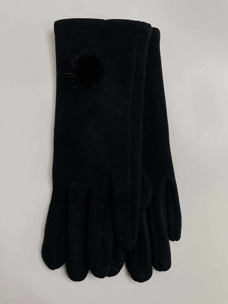 Faux Fur Pom Pom Gloves - Black