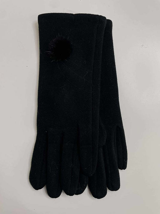 Faux Fur Pom Pom Gloves - Black