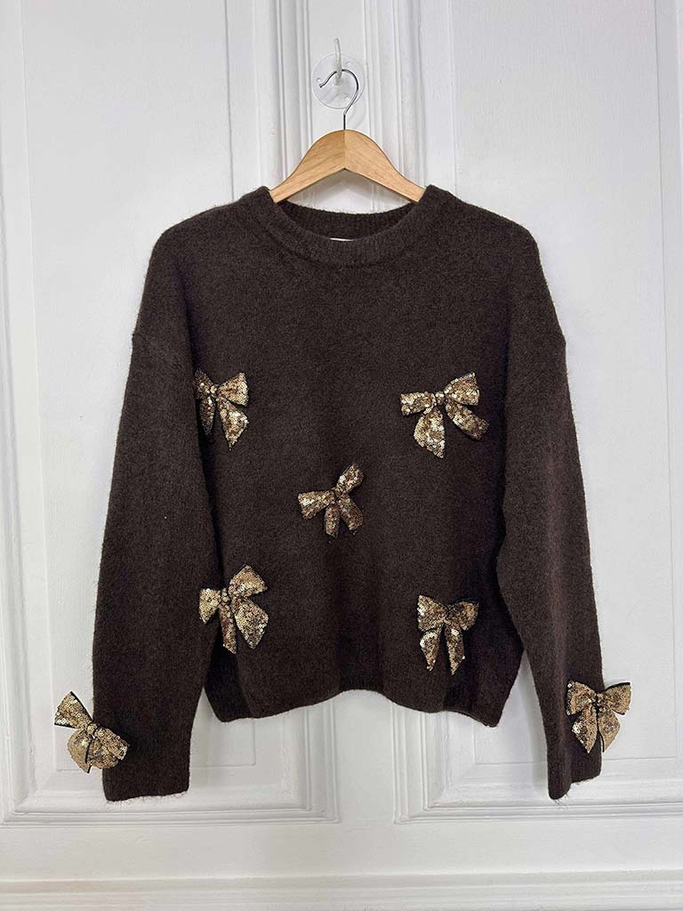Gold Sequin Bow Knit - Chocolate