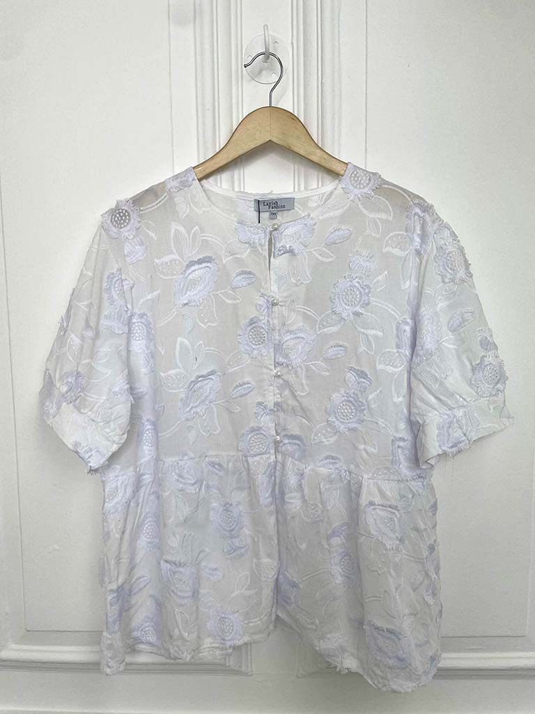 Floral Embroidery Smock Top - White