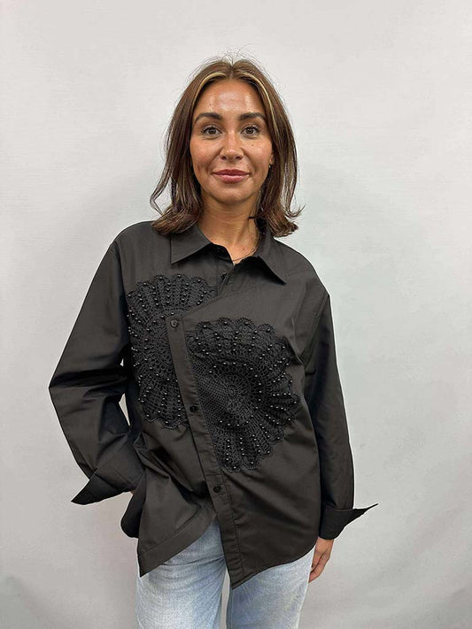 Malissa J Beaded Applique Shirt - Black