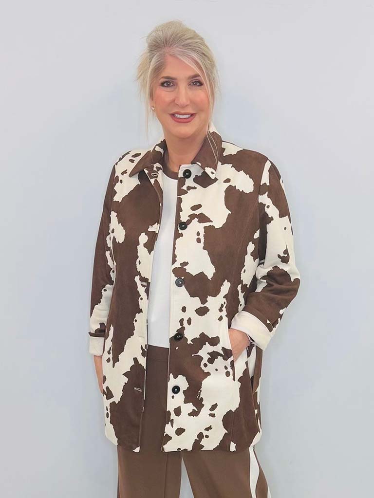Malissa J Faux Suede Cow Print Belted Jacket