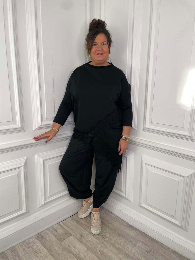 Lace Hem Asymmetric Top - Black