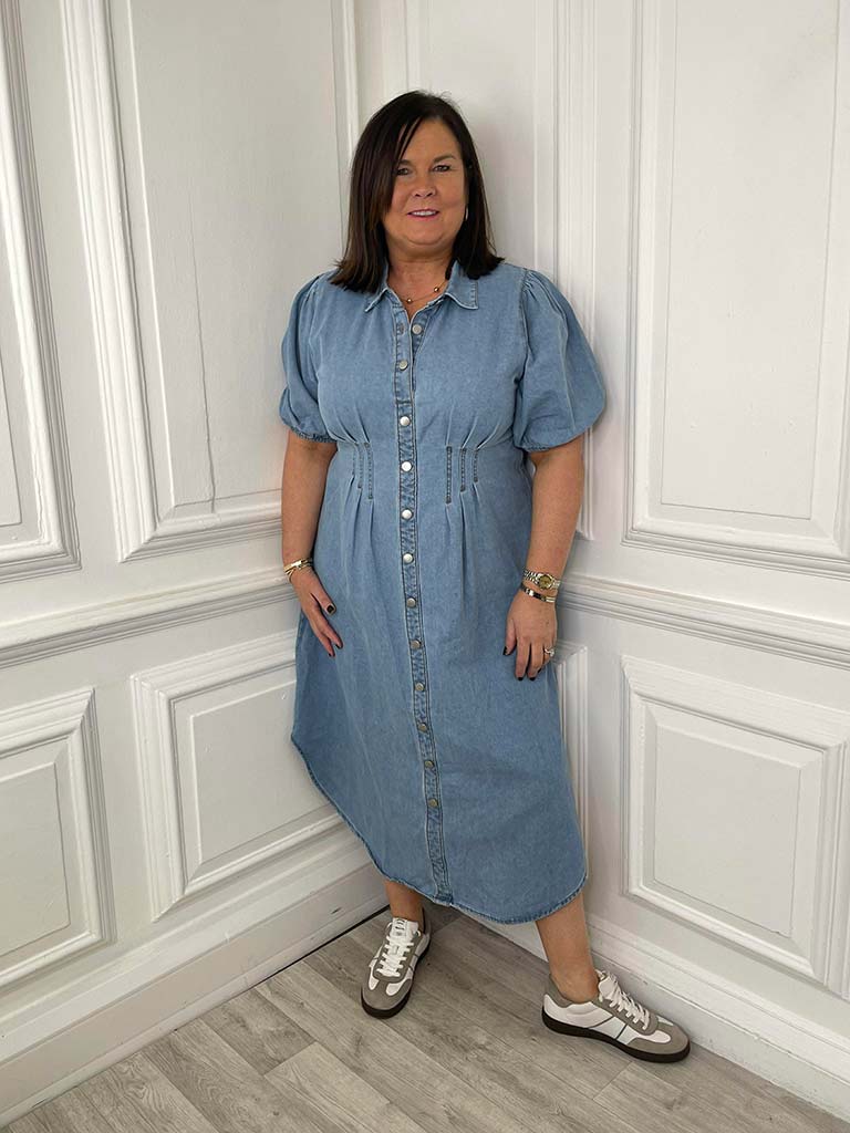 Denim Pin Tuck Waist Dress