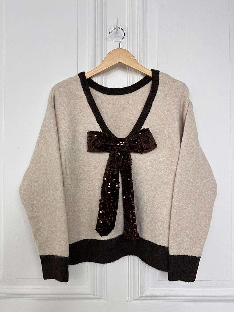 V-Neck Sequin Bow Knit - Stone