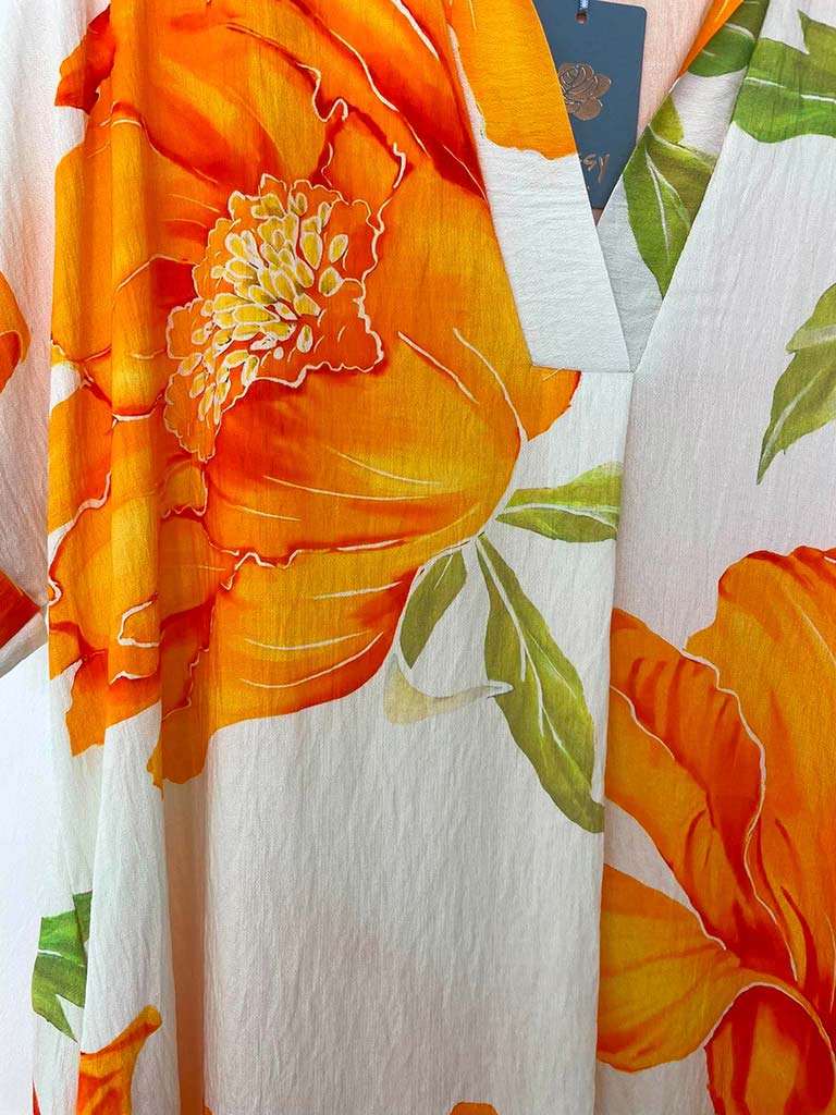 Floral Pocket V-Neck Dress - Orange