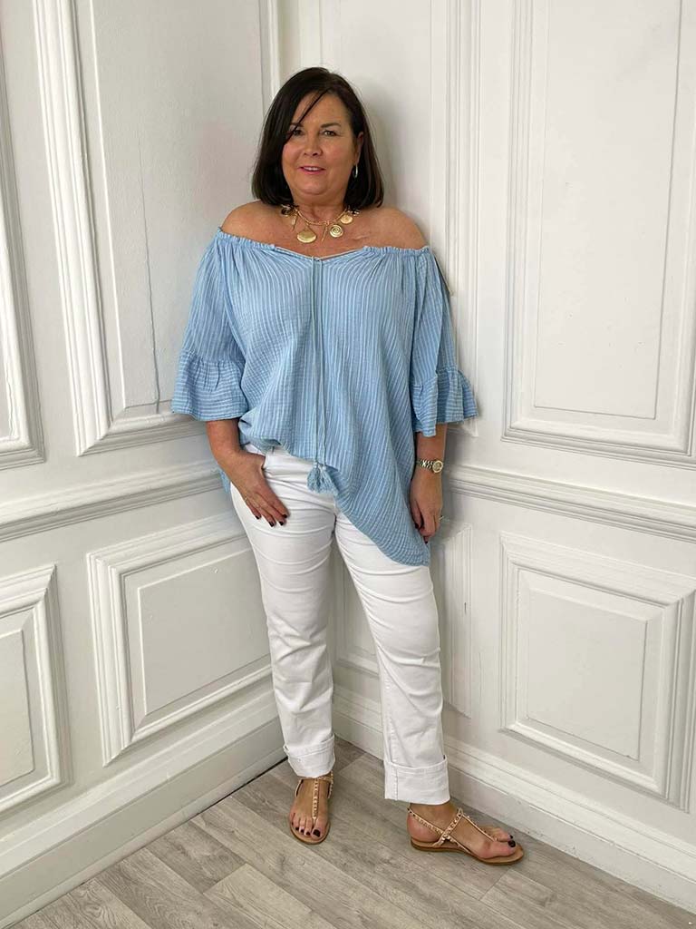 Seersucker Stripe Bardot Top - Sky