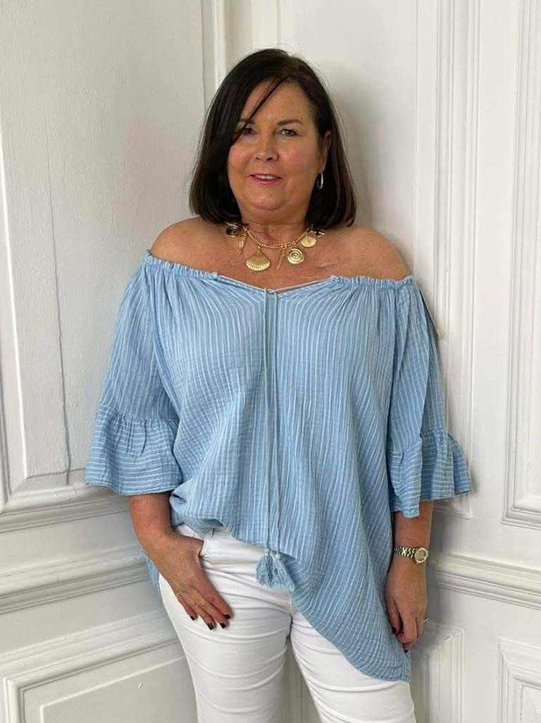 Seersucker Stripe Bardot Top - Sky