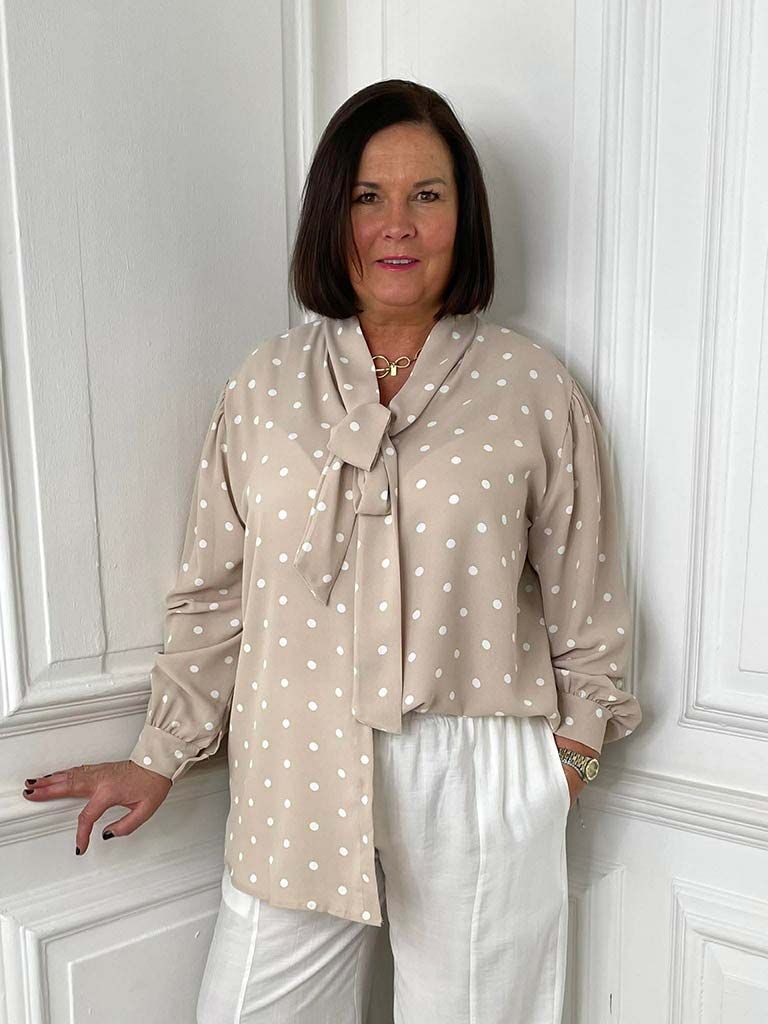 Dotty Pussybow Blouse - Stone