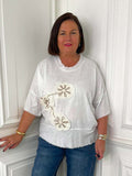 Flower Stitch Raw Edge Top - White