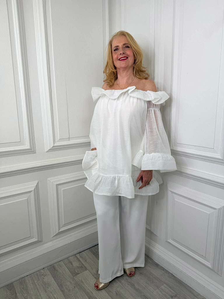 Frill Bardot Tunic - Soft White