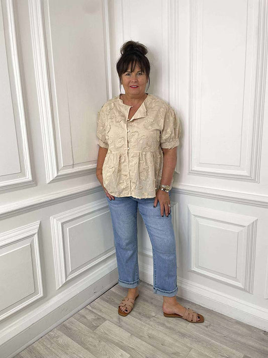 Floral Embroidery Smock Top - Stone
