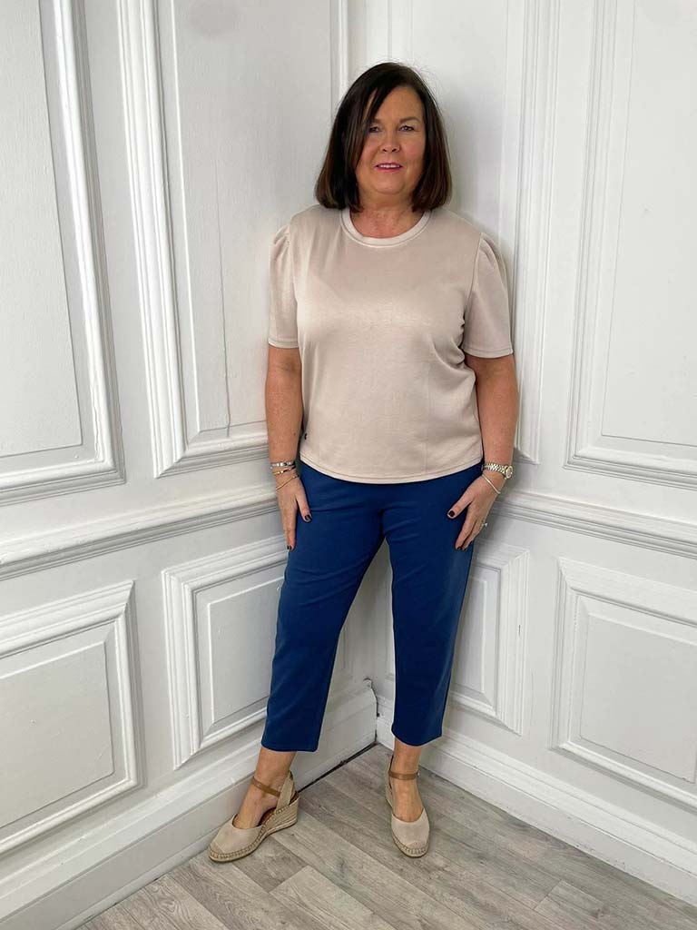 Blue denim ponte cigarette trousers paired with beige top and loafers, relaxed styling for everyday wear in womens fashion. - Malissa J Ponte Cigarette Trousers - Denim