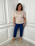 Blue denim ponte cigarette trousers paired with beige top and loafers, relaxed styling for everyday wear in womens fashion. - Malissa J Ponte Cigarette Trousers - Denim