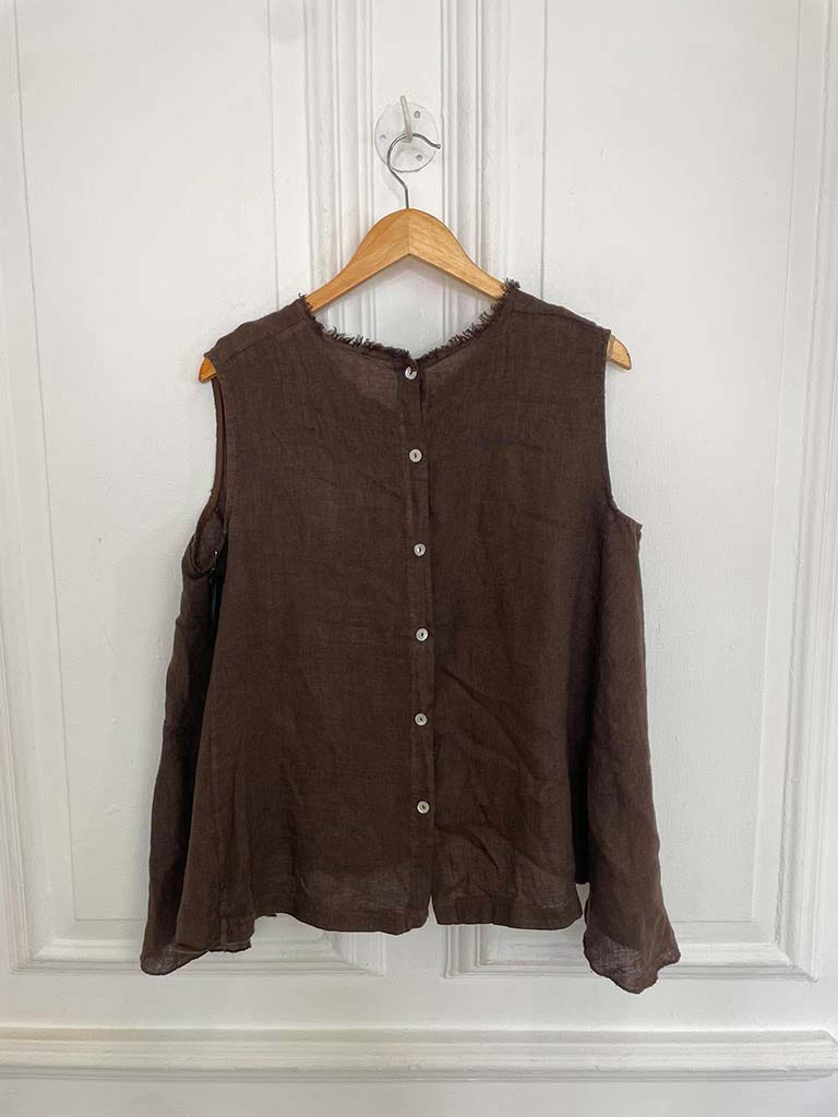 Linen Button Back Raw Edge Top - Chocolate