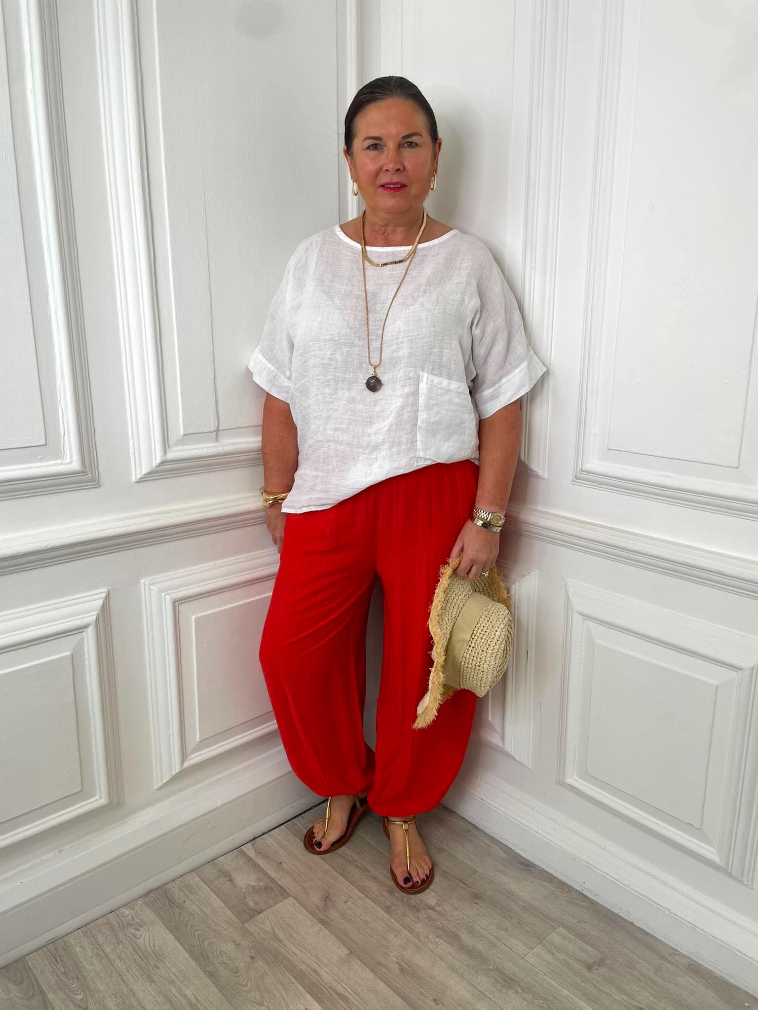 Linen Button Back Pocket Top - White