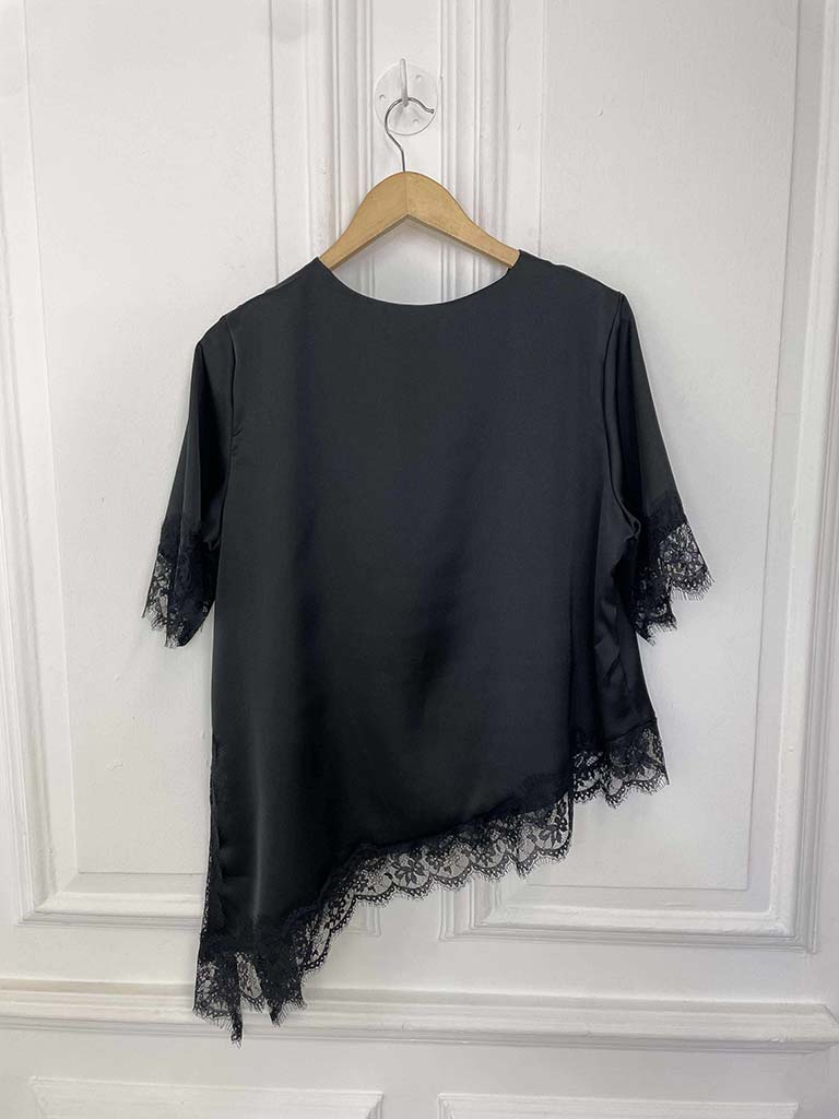 Lace Trim Asymmetric Top - Black