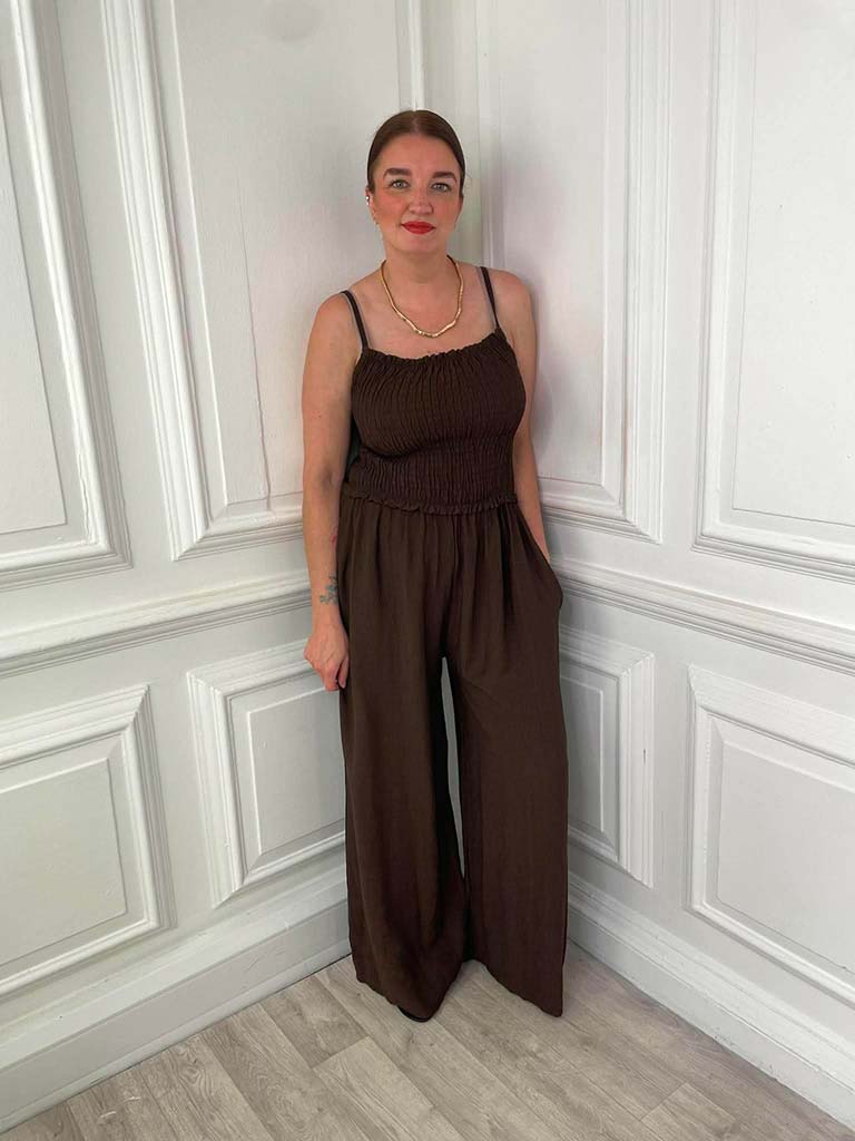 Shirred Strappy Jumpsuit - Chocolate