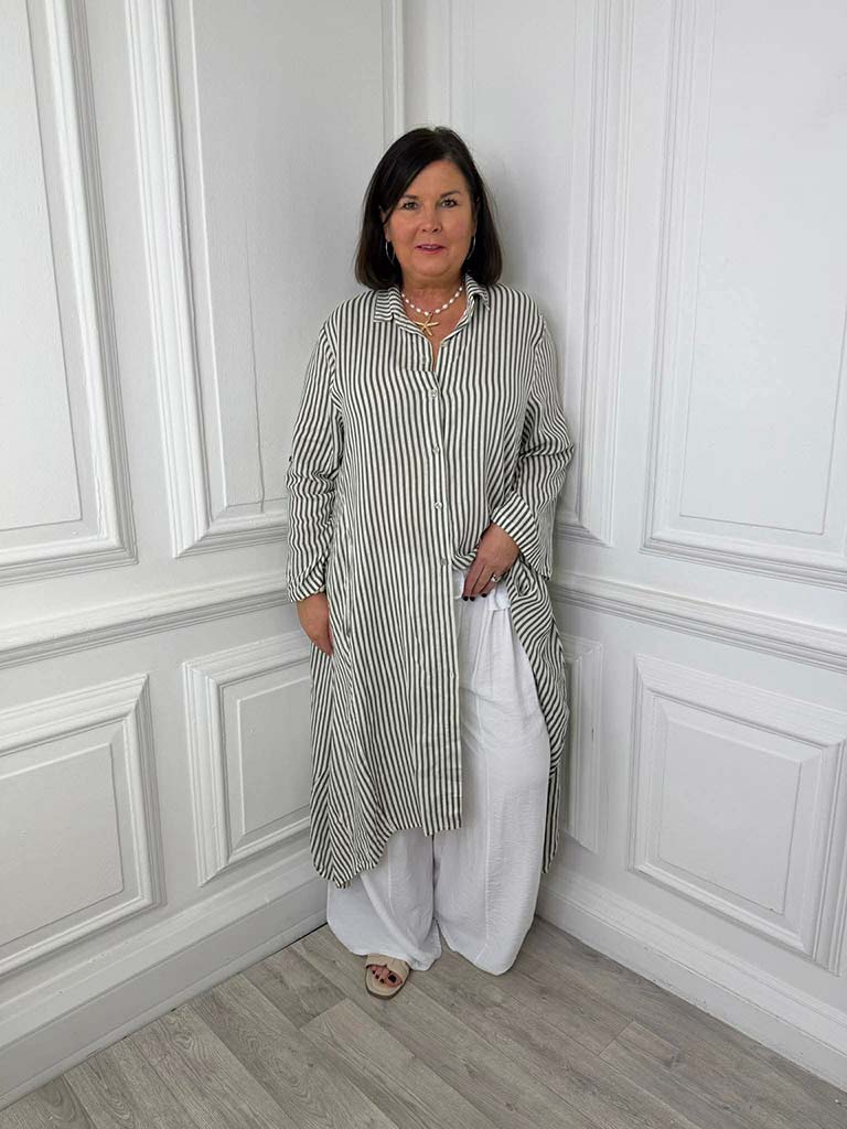 Stripe Linen Shirt Dress - Khaki