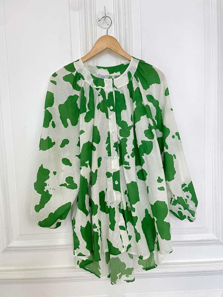 Balloon Sleeve Cow Print Blouse - Green