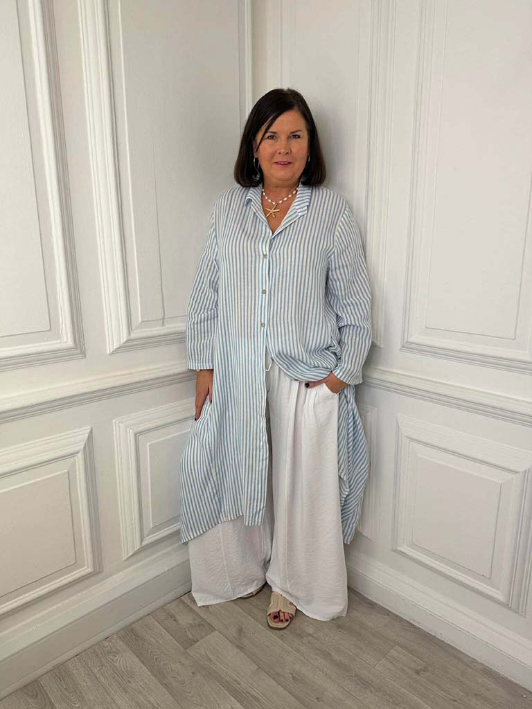Stripe Linen Shirt Dress - Sky