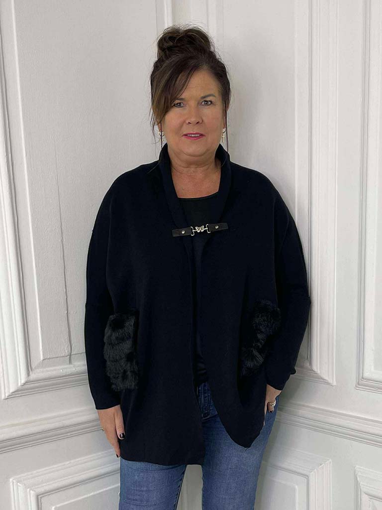 Faux Fur Pocket Cardigan - Black