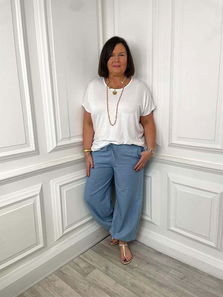 Chambray Denim Balloon Pants - Pale Blue