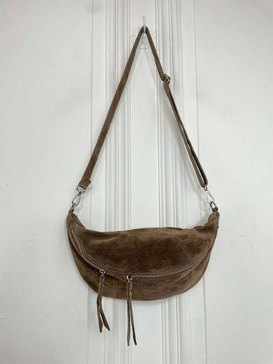 Suede Double Zip Cross Body Bag - Mocha