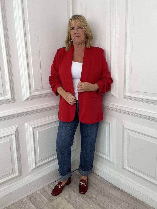 Ruched Sleeve Blazer - Scarlet