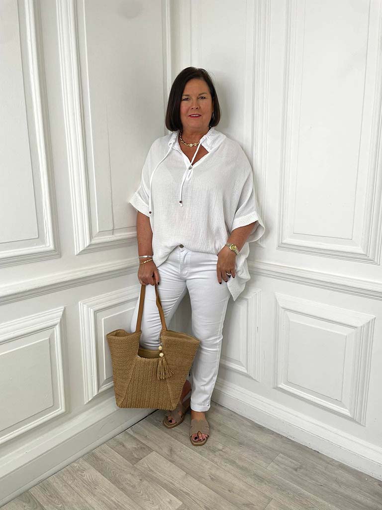 Drawstring Collar Oversized Tunic - White