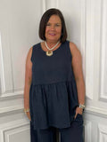 Linen Button Back Sleeveless Top - Navy