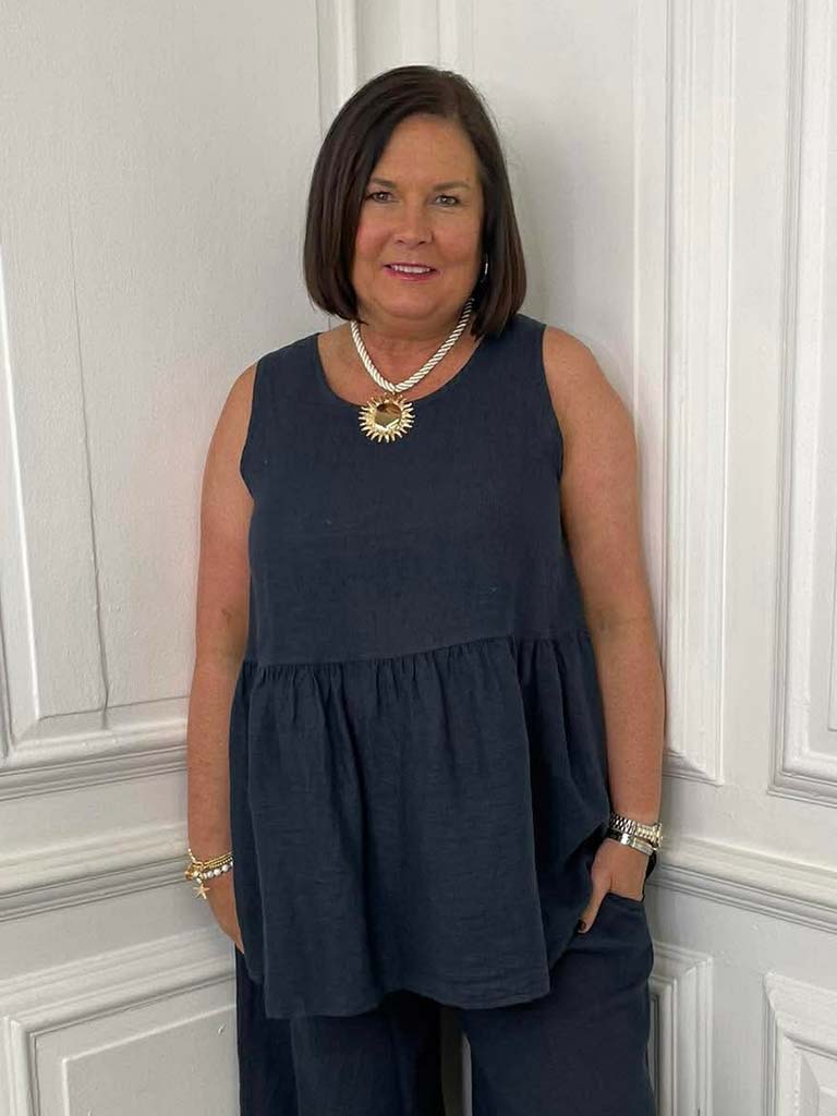 Linen Button Back Sleeveless Top - Navy