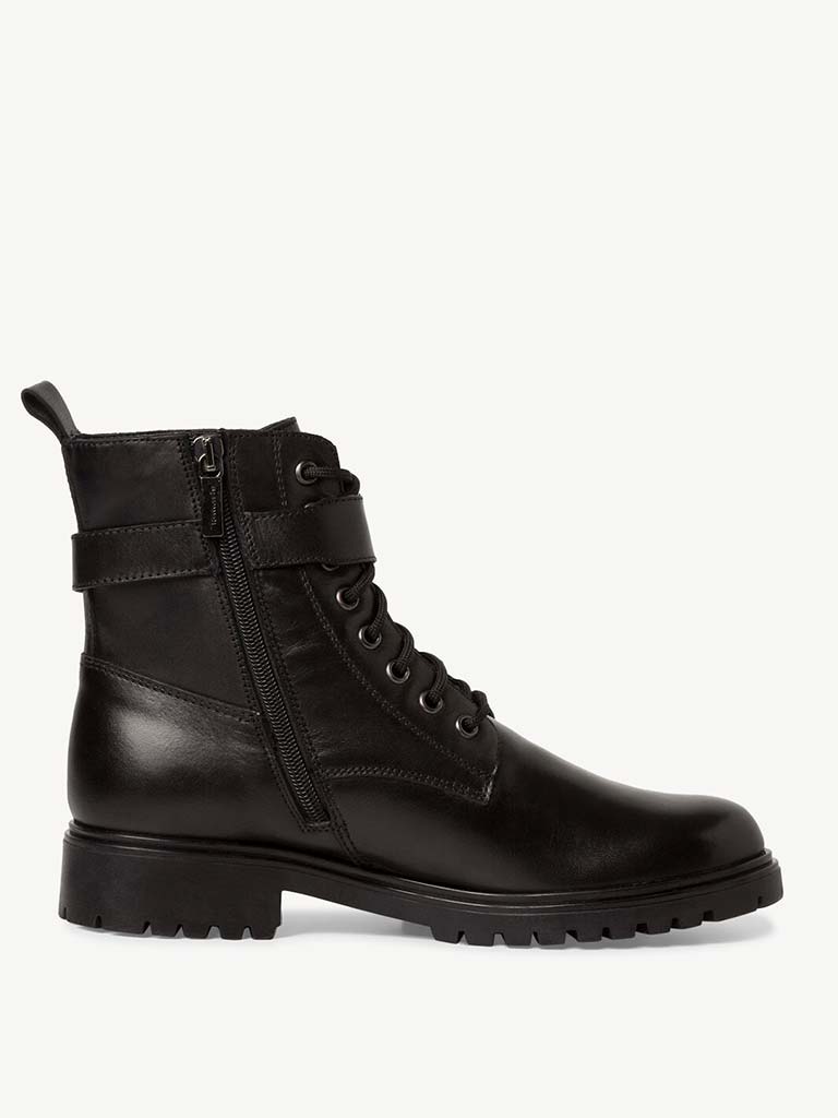 Tamaris Leather Lace Up Buckle Boots - Black